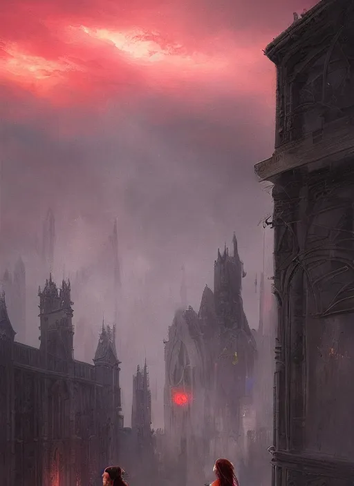 Prompt: a teenage girl with short dark hair and a tattered grey cloak. she stands on top of a building in a gothic fantasy city. the sky has a red glow and ash is falling. beautiful painting by greg rutkowski