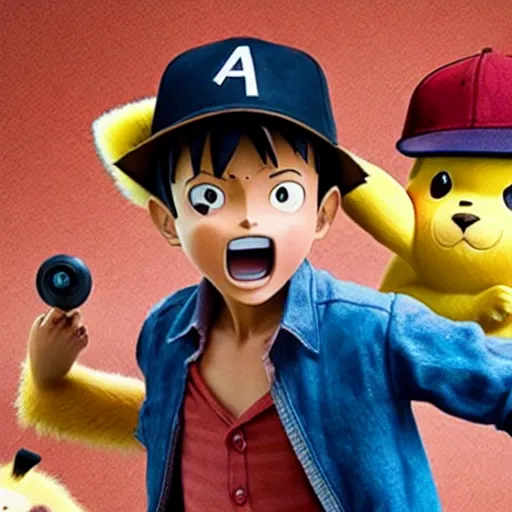 Image similar to a film still of luffy in detective pikachu
