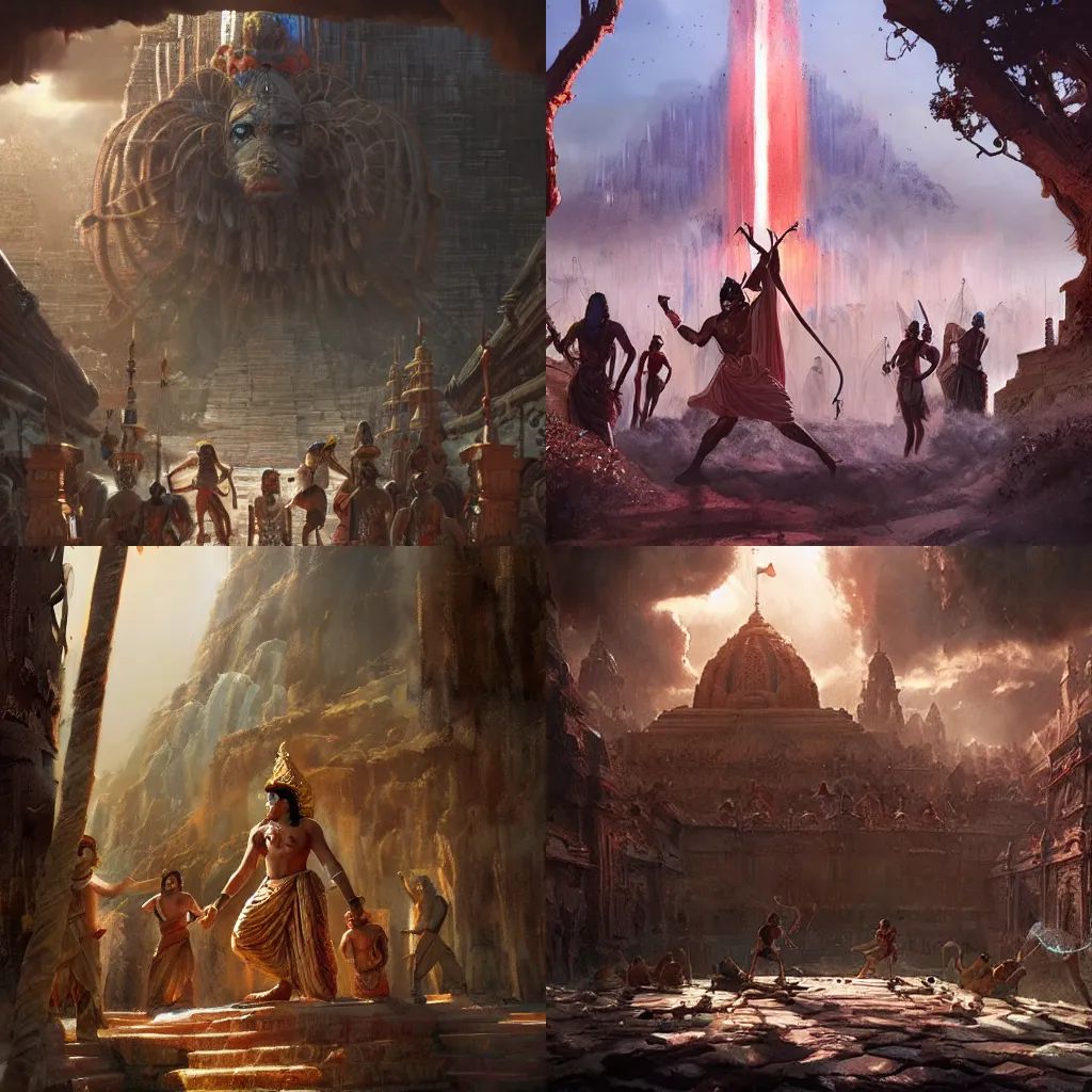 Prompt: A cinematic scene from Ramayan in a Marvel Movie, concept art by James Gurney and Greg Rutkowski, dramatic lighting, ultra HD, HDR, 8k