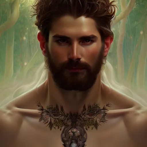 Prompt: portrait of forest god, male, clear face, masculine, upper body, muscular, fantasy, intricate, elegant, hairy torso, highly detailed, digital painting, artstation, concept art, matte, sharp focus, illustration, art by artgerm and greg rutkowski and alphonse mucha