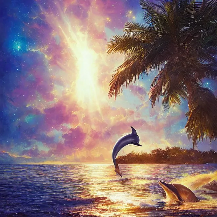 Prompt: dolphin swimming, golden hour, god rays, by artgerm and ismail inceoglu and greg olsen, palm trees, cosmos, milky way galaxy, masterpiece, beautiful, intricate, elegant, highly detailed