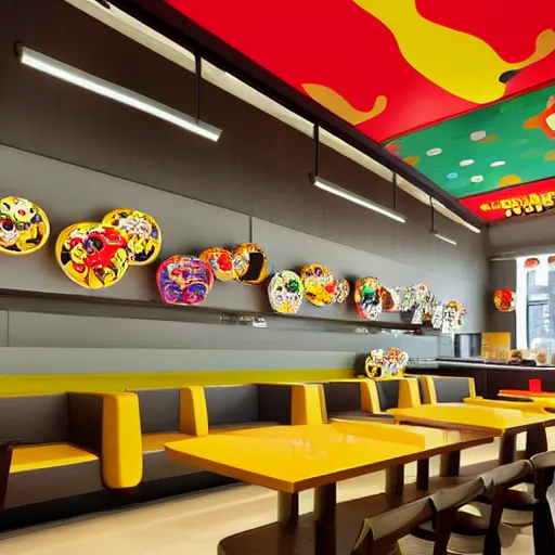 Image similar to Mcdonalds designed by Takashi Murakami, interior pop art design