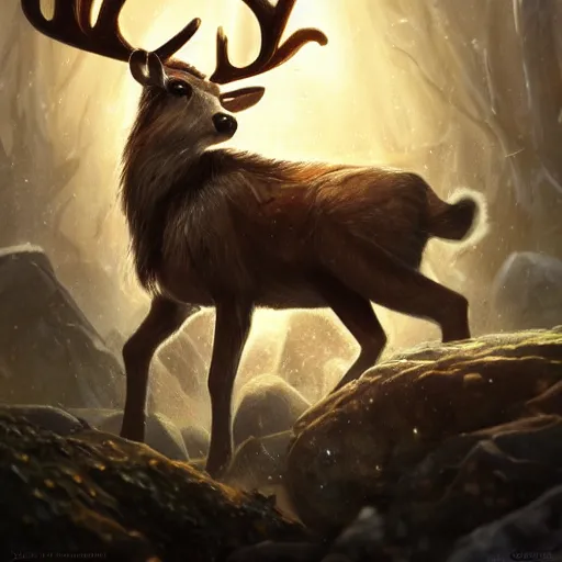 Image similar to Reindeer, Anthropomorphized, casting epic spell, magic the gathering artwork, D&D, fantasy, cinematic lighting, centered, symmetrical, highly detailed, digital painting, artstation, concept art, smooth, sharp focus, illustration, volumetric lighting, epic Composition, 8k, art by Akihiko Yoshida and Greg Rutkowski and Craig Mullins, heroic pose, oil painting, cgsociety, magic lab background