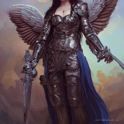 Image similar to portrait of young aasimar angel valkyrie warrior girl maiden wearing comfy leather armor with beautiful feathered angel wings, blue eyes, Emily Ratajkowski, innocent, intricate, elegant, highly detailed, ultradetailed, hyperdetailed, artstation, concept art, smooth, sharp focus, illustration, art by artgerm and greg rutkowski and alphonse mucha, Blizzard, Elden Ring