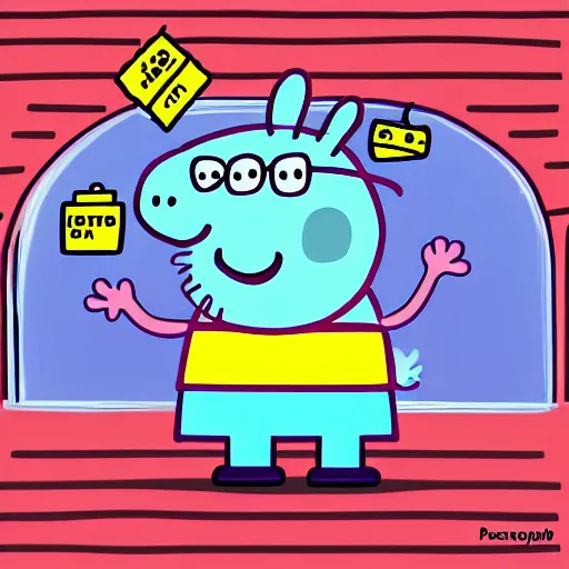 Image similar to peppa pig robbing a bank, digital art