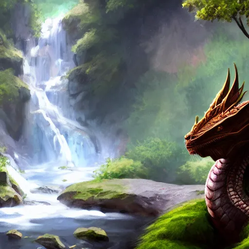 Image similar to beautiful portrait commission of a slender dragon relaxing by a waterfall, digital painting, artstation, art by Jaime Jones