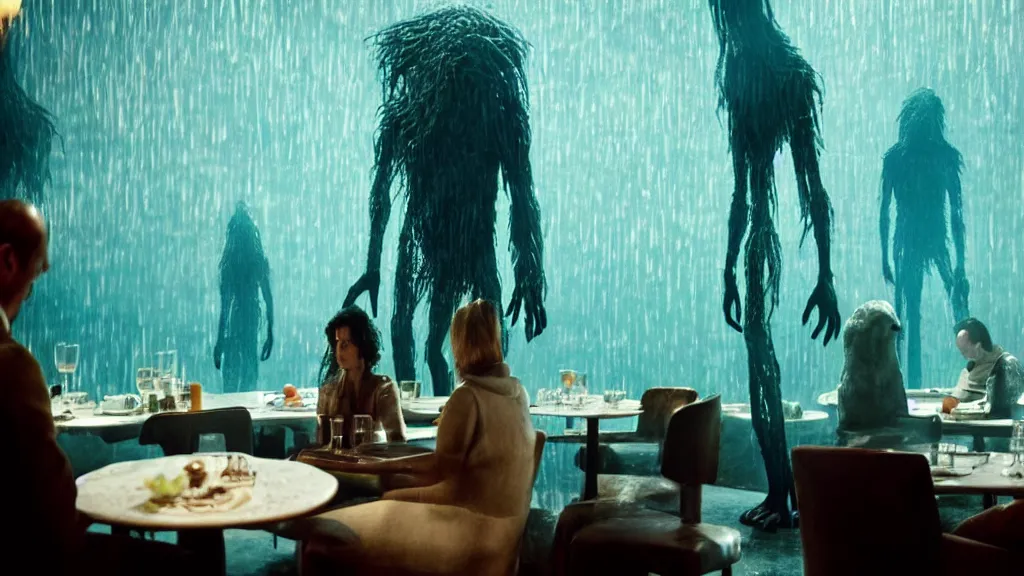 Prompt: the tall strange creature helps customers in the restaurant, made of water, film still from the movie directed by Denis Villeneuve with art direction by Salvador Dalí, wide lens