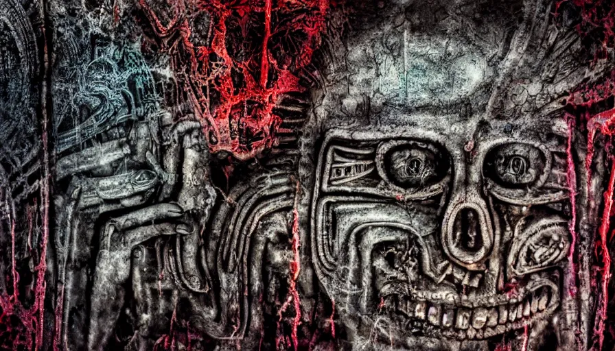 Prompt: h. r. giger hieroglyphs, sorrow intense likely, acid bleeding deep colors, sense of decay given, throw into the abyssal despair, various refining techniques, micro macro auto focus, top photography photo art gallery, realistic photo, insane detail