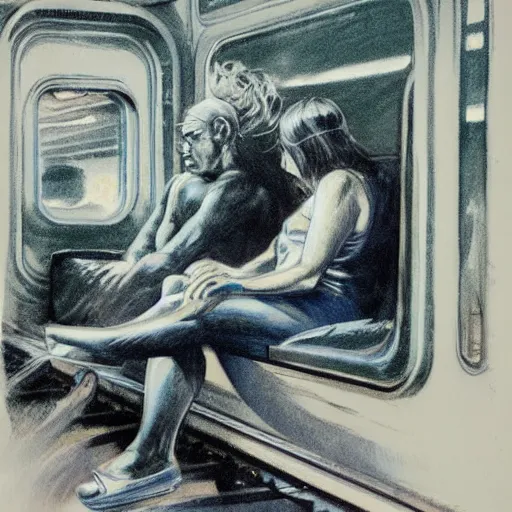 Prompt: intricate detailed interior of train passenger, ocean, by frank frazetta, by simon bisley, brom