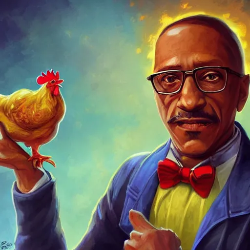 Image similar to Gustavo Fring the Chicken Mage, Fantasy Illustration by Tony Sart, trending on artstation