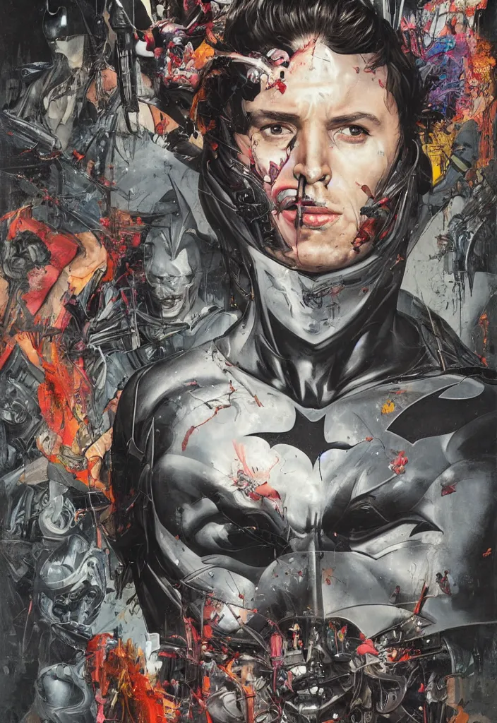 Image similar to portrait of Batman, saint roch oil painting Sandro Boticelli ,8k,by tristan eaton,Stanley Artgermm,Tom Bagshaw,Greg Rutkowski,Carne Griffiths, Ayami Kojima, Beksinski, Giger,trending on DeviantArt,face enhance,hyper detailed,minimalist,cybernetic, android, blade runner,full of colour