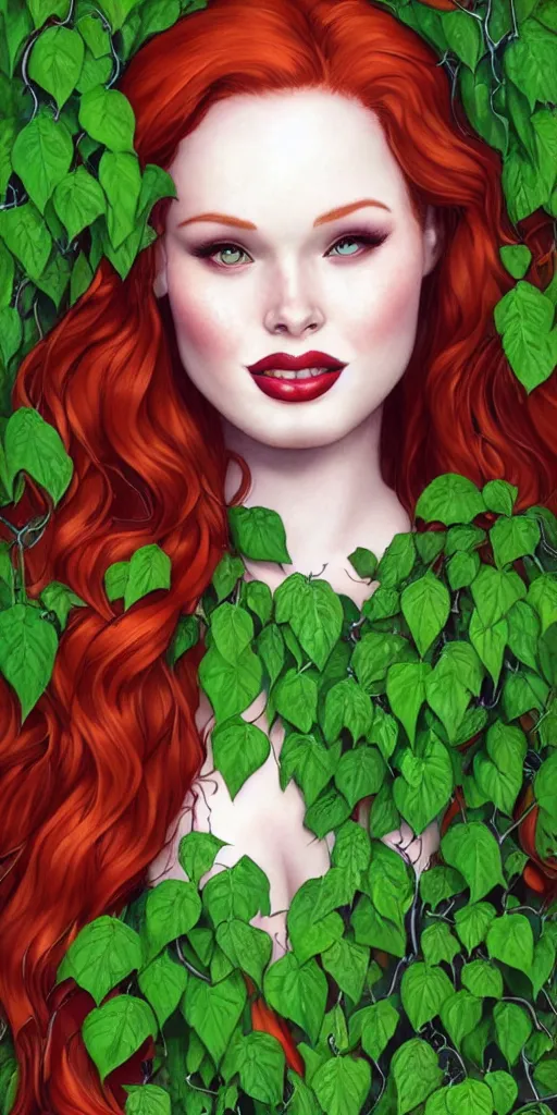 Prompt: beautiful obese Madelaine Petsch poison ivy DC comics, evil smile, realistic character concept, fun pose, comic book, illustration, symmetrical face and body, surrounded by vines and plants, artstation, cinematic lighting, hyperdetailed, high resolution, Charlie Bowater, Tom Bagshaw, single face, insanely detailed and intricate, beautiful