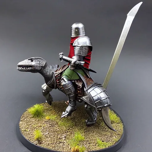 Image similar to mini of medieval english knight in full armor with sword riding a dinosaur in full armor, heavy cavalry, Asgard rising, 28mm scale