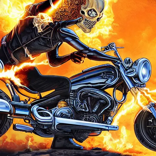 Image similar to ghost rider aiming with shotgun on motocycle, high detail, gorgeous view