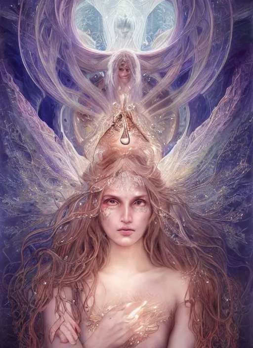 Prompt: a photographic portrait of a esoteric goddess elemental sprite created out of starlight and mist, cinematic, volumetric lighting, beautiful fantasy, intricate, elegant, highly detailed, digital painting, artstation, concept art, smooth, sharp focus, illustration, art by ayami kojima, artgerm and h r giger and alphonse mucha