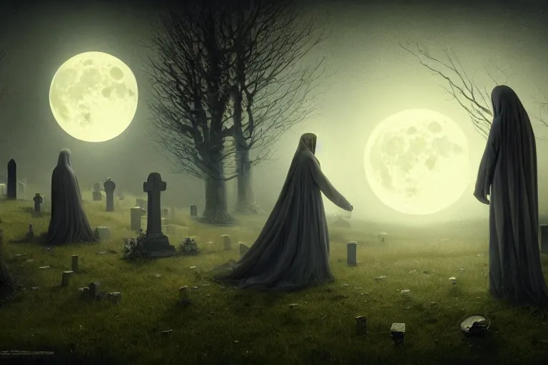 Prompt: a ghost story, the full moon shone brightly on the graveyard as the ghosts started to appear by john bauer, igor morski, danny flynn, painting by claude gellee, 8 k 3 d, 8 k resolution, trending on artstation, octane render,