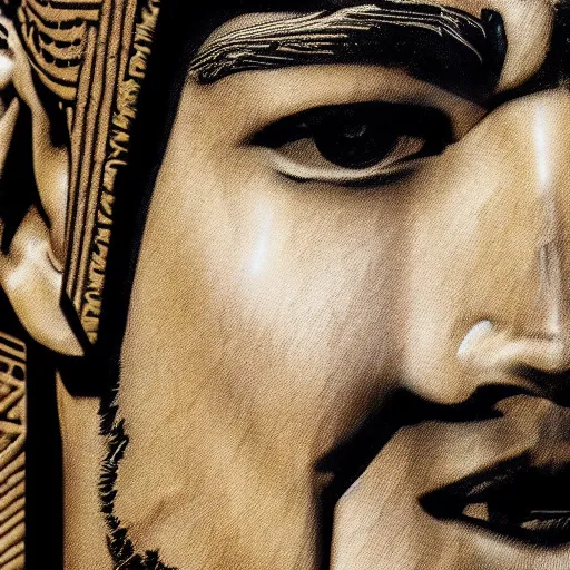 Prompt: concept art leonardo Dicaprio, digitial art, pharaoh, egypt, light, sun , full view , majestic, landscape, ancient egypt background, symmetrical face, closeup face