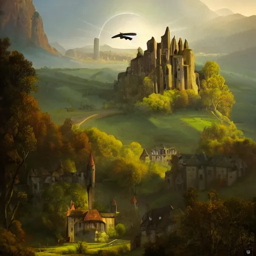 Prompt: Vast verdant valley surrounded by Transylvanian mountains, with a large zeppelin hovering in the foreground, and a ruined medieval castle on the hillside in the background. No villages. Late evening light in the summer, gloomy weather. Hyperrealistic, high quality, sharp, highly detailed, peter mohrbacher,.