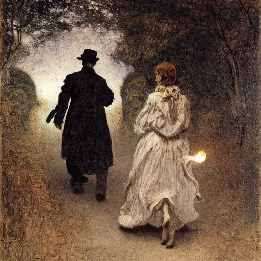 Prompt: young victorian man and woman traversing a dark stone maze, holding torches, hiding, fleeing, painted by alfred stevens