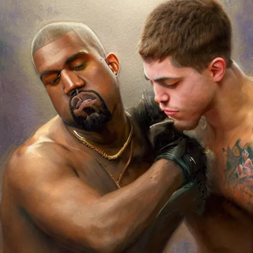 Image similar to a beautiful painting of kanye west fighting pete davidson, rendered art, highly detailed painting by gaston bussiere, craig mullins, j. c. leyendecker 8 k, trending on artstation, art, fighting, watercolor