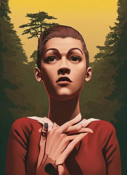 Prompt: Twin Peaks poster artwork by Michael Whelan, Bob Larkin and Tomer Hanuka, Karol Bak of Zendaya is a high school student working at the diner wearing waitress dress, from scene from Twin Peaks, simple illustration, domestic, nostalgic, from scene from Twin Peaks, clean