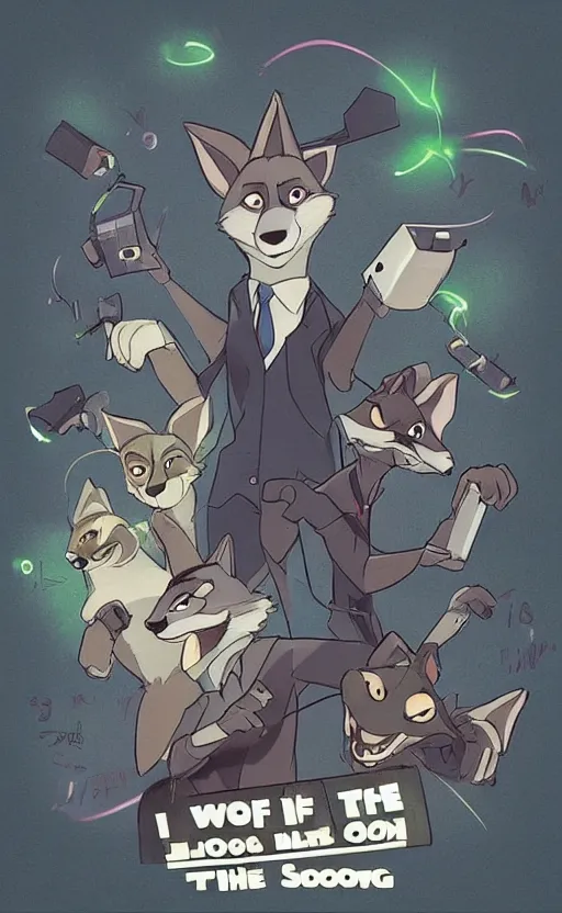 Image similar to “wolf in the style of zootopia in a dark room, dodging lasers, dramatic in the style of zootopia”