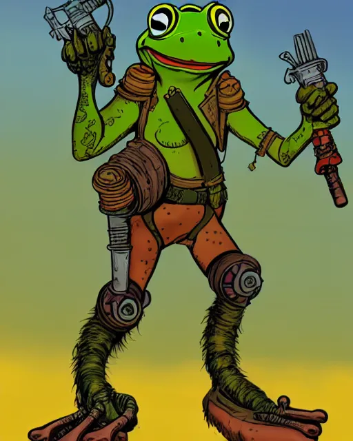 Image similar to an anthropomorphic frog dressed as a wasteland raider, in a post-apocalyptic wasteland, illustration in the style of Don Bluth, ralph bakshi, Peter Laird, Jamie Hewlett