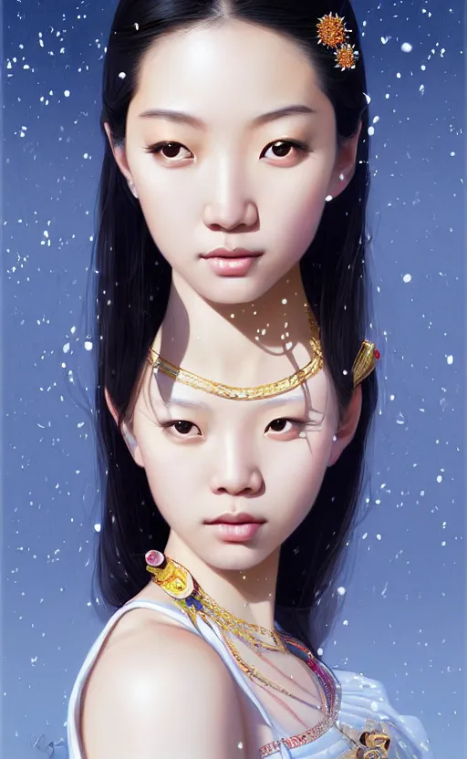 Image similar to a beautiful young charming asian goddess with sundress + jewelry + shinny eyes | | winter, symmetric, realistic shaded, unpleasant face, good looking, fine details, dior, lv, realistic shaded lighting poster by greg rutkowski, macoto takahashi, magali villeneuve, artgerm, jeremy lipkin and michael garmash