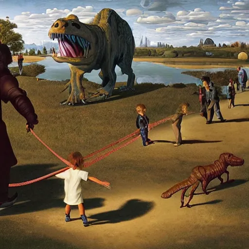 Image similar to dream a kid at the park walking a trex on a leash, renaissance oil painting by George Lucas and Jarosław Jaśnikowski and Dan Mumford, hyperralistic, hyperdetailed