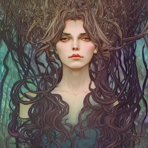 Image similar to head and shoulders portrait of an evil witch in a forest, dark fantasy, mystic, elegant, intricate, face, medium shot, trending on pixiv, volumetric light, by Fernanda Suarez and Alphonse Mucha