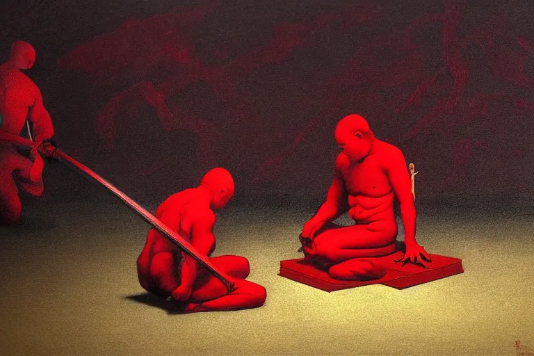 Image similar to only with red, a red samurai do seppuku, tokio, a lot of frogs watch, in the style of beksinski, parts by edward hopper, parts by rodcenko, parts by yue minjun, intricate and epic composition, red by caravaggio, insanely quality, highly detailed, masterpiece, red light, artstation, 4 k