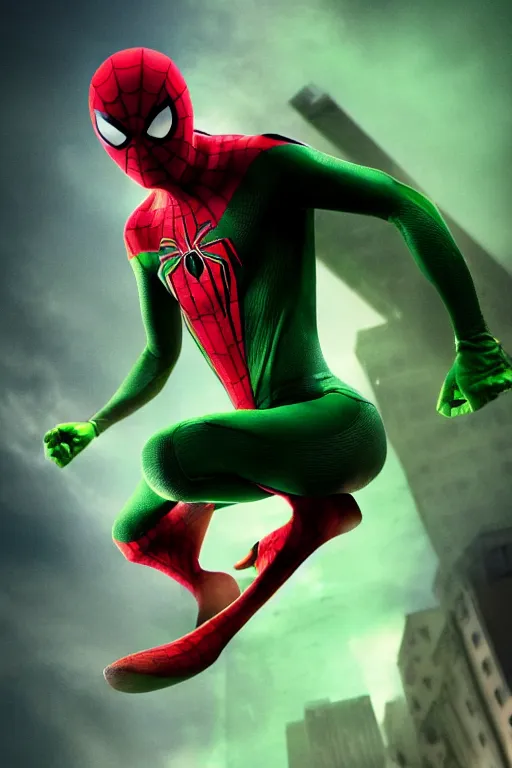 Prompt: green spider-man, character poster, dramatic lighting, atmospheric dust, red lens flare