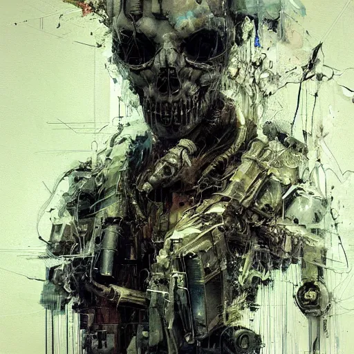 Prompt: cybernetic hunter, cyberpunk, wires, skulls, machines by emil melmoth zdzislaw belsinki craig mullins yoji shinkawa realistic render ominous detailed photo atmospheric by jeremy mann francis bacon and agnes cecile ink drips paint smears digital glitches glitchart