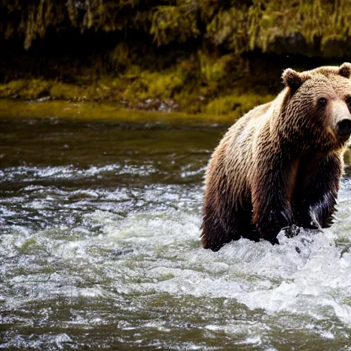 Image similar to a high quality photo closeup of a grizzly bear standing in a river. There is a salmon leaping in the air. the grizzly bear has its jaws open wide, trying to bite down and catch the salmon. Shallow depth of field.