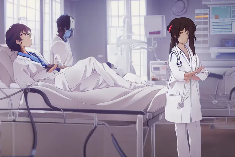 Image similar to a cute and beautiful young female doctor wearing white coat are taking care of a patient on a bed in a hospital ward, slice of life anime, lighting, anime scenery by Makoto shinkai