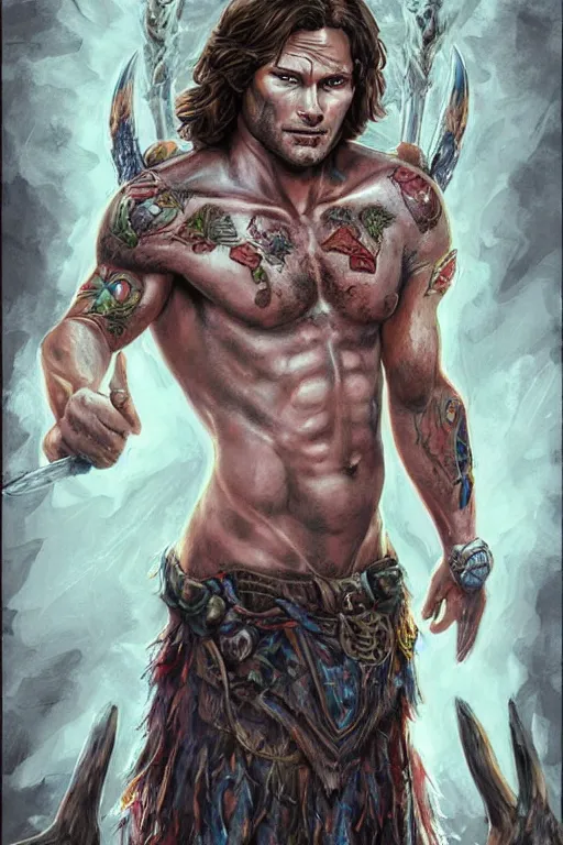 Image similar to front portrait of attractive sam winchester as a druid warrior, clothes torn apart, muscular chest tattooed with runes and symbols, d & d!, fantasy style, sharp focus!, ultra detailed, art by artgerm and peter andrew jones, wlop