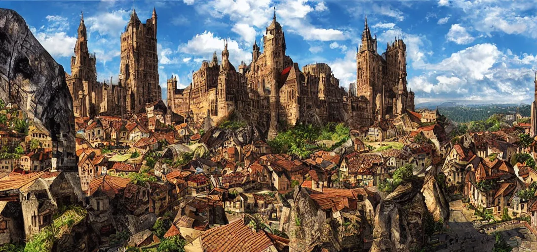 Image similar to huge medieval city, interesting rocky shaped terrain, digital art, art by craign mullin