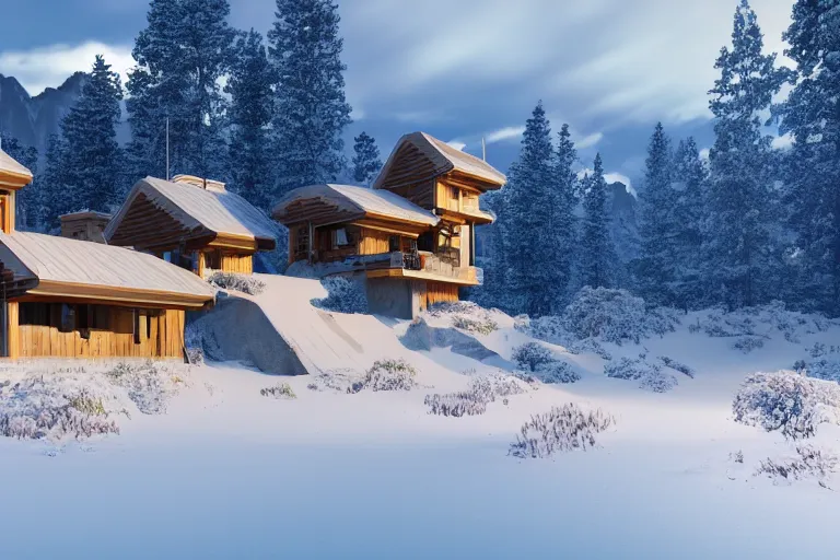 Image similar to futuristic cottage settlement with in the forest with Elbrus mountain covered by snow on the background, architecture, 3d render 8k , high details