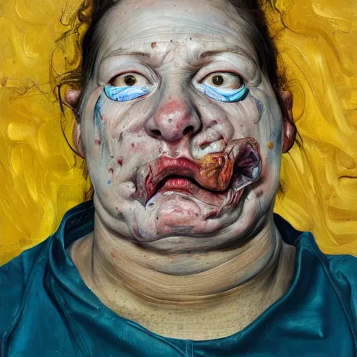 Prompt: high quality high detail painting by lucian freud and jenny saville, hd, hysteric face, turquoise