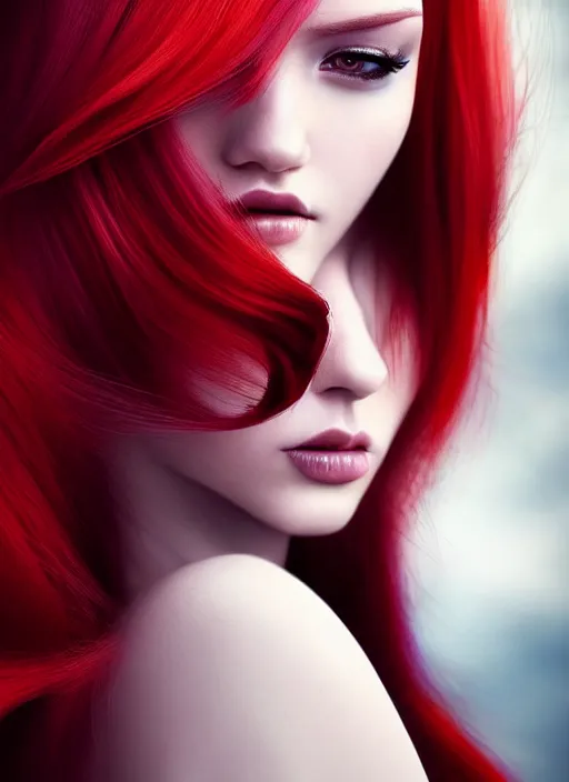 Image similar to photo of gorgeous woman with her right die hair dyed red and left side hair white in the style of stefan kostic, realistic, half body shot, sharp focus, 8 k high definition, insanely detailed, intricate, elegant, art by stanley lau and artgerm, foggy backgeound