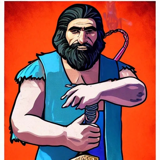 Prompt: saint homo neanderthalis with science bible on hand, gta chinatown art style, bioshock infinite art style, sharp focus hyperrealistic, rgba colors, remove duplicate content, justify contents center.