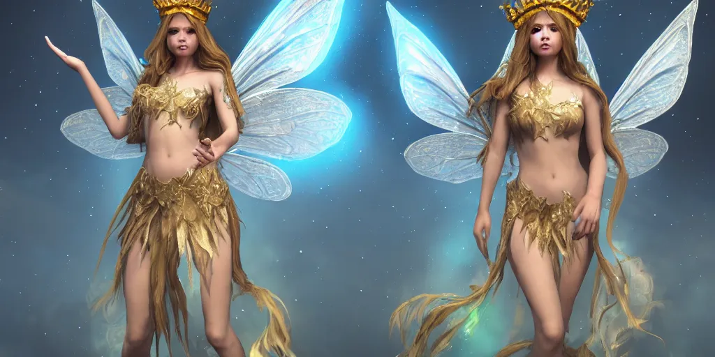 Image similar to fairy girl emperorit is decorated with long robes that fall like stars and wears a huge crown. fantasy art, photo realistic, dynamic lighting, artstation, poster, volumetric lighting, very detailed faces, 4 k, award winning, blender