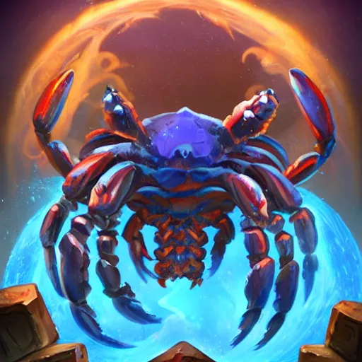 Prompt: blue giant (((((((crab monster)))))))) with giant crab claws, giant crab claws, giant crab claws, fantasy digital art, magical background in the style of hearthstone artwork