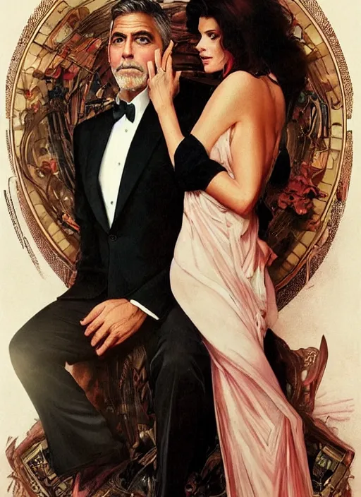 Image similar to george clooney wearing a formal black suit and kim basinger wearing a red dress, affectionate sitting together, highly detailed, focus stacked, candid portrait, art by artgerm and greg rutkowski and alphonse mucha