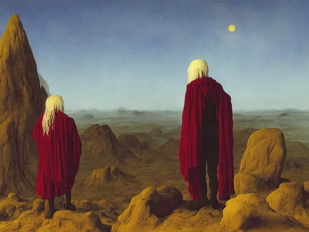 Prompt: albino mystic, with his back turned, looking at a hallucination over the desert in the distance. Painting by Jan van Eyck, Audubon, Rene Magritte, Agnes Pelton, Max Ernst, Walton Ford