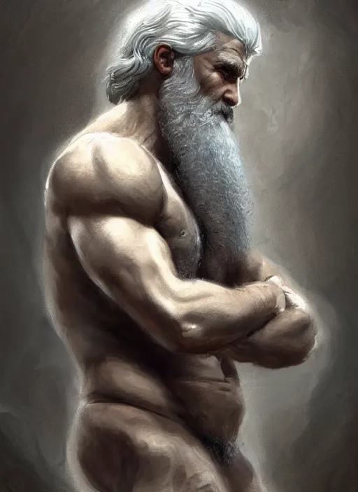 Image similar to painted portrait of rugged zeus, greek god, white hair, masculine, mature, handsome, upper body, muscular, hairy torso, fantasy, intricate, elegant, highly detailed, digital painting, artstation, concept art, smooth, sharp focus, illustration, art by gaston bussiere