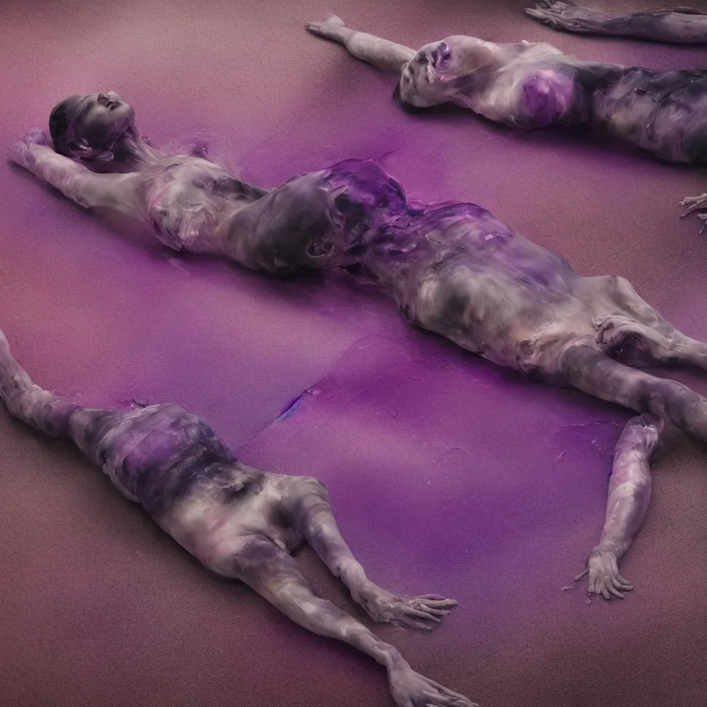 Image similar to iridiscent oil spill with women corpses connected by cables and computers to wax forms to a buried baby relaxing on yoga mat, faded, purple and red gradient, dust, purple fog, depth of field, by nadav kander and hans bellmer, 8 k, ultrarealistic, sad atmosphere, cinematic, 8 5 mm lens