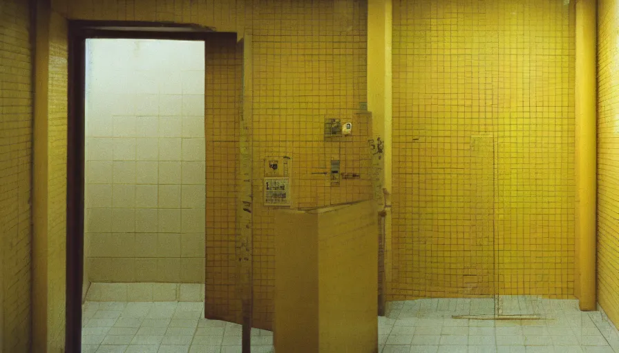 Image similar to 60s movie still of a sovietic stalinist style empty prison shower with yellow tiles, cinestill 800t 50mm eastmancolor, liminal Space style, heavy grain