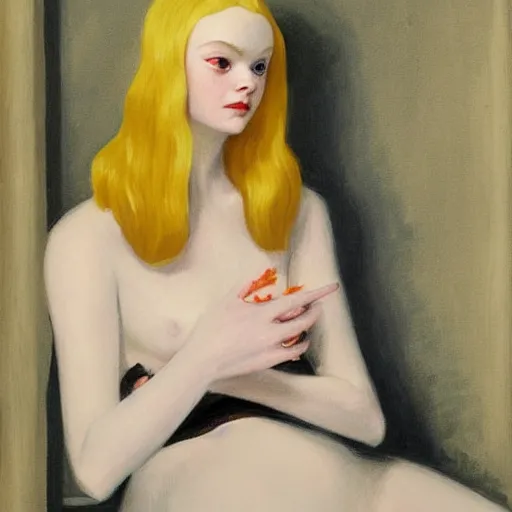 Prompt: Painting of Elle Fanning summoning the devil, long blonde hair, delicate, pale milky white porcelain skin, by Edward Hopper. Extremely detailed.