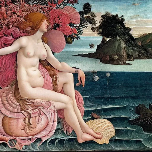 Image similar to an hyperrealistic mythological oil painting of venus with long curly brown hair, full body, wearing pink floral chiton, sing n a giant scallop shell, near the seashore, intricate lines, elegant, renaissance style, by sandro botticelli and william waterhouse